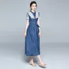 Sommarklänningar Högkvalitativ Casual Slim Lace Patchwork Denim Chic A-Line Sashes High Waist Womens Dress Robe Femme 210518