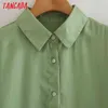 Kobiety Retro Oversized Green Satin Szyfonowa Koszula Bluzka Z Krótkim Rękawem Chic Kobiet Topy XN253 210416