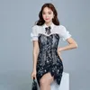 Zomer Mode Koreaanse Turn Down Collar Patchwork Kant Potlood Bodycon Dres Korte Mouwschede Jurken 210531