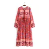 schoonheid Boheemse chique bloemenprint Maxi jurk vrouwen vakantie stijl lange mouw mode vrouwelijke strikje jurken 210514