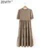 Zevity Women Vintage O Neck Puff Sleeve Leopard Print Casual Straight Midi Klänning Kvinna Plätera Kimono Vestido Chic Dresses DS5081 210603