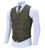 Gilets pour hommes Business Plaid laine armée vert gilet simple boutonnage coton costume gilet pour mariage formel garçons d'honneur Stra22