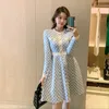 デザイナーレディースドレス秋の服セーターカジュアルロングスカート服ニットAラインスカート女性ニット格子縞の印刷女の子温かい長袖ドレスアジアサイズS-L