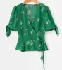 Vintage Fransa Tarzı Kısa Kollu Wrap Gömlek Moda Yeşil Çiçek Baskı Kravat Yay Bel Bluz Kadın Tek Parça Tops 210429