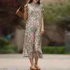 Johnature femmes Ramie robes Style chinois support bouton imprimé Floral haute qualité été femme a-ligne Vintage robe 210521