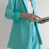 Eleganta kvinnor Blue Blazer Office Ladies Pocket Jackor Casual Female Single Button Suits Slim Girls Chic Sets 210430