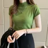 Short Sleeve Knitted Summer Blouse Women Fashion Turtleneck Slim Solid Blouses Casual White Shirts Tops Blusas 8622 210512
