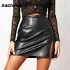 Aachaoe Mode Noir PU Faux Cuir Mini Femmes Streetwear Sexy Jupe Fendue Dames Haute Wasit Jupes Jupe Femme 210413