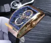 New Saratoge Yachting Vanguard V45 S6 Yacht Mens Automático Assista Blue Skeleton Dial Tourbillon Rose Gold Case Black Leather / Borracha Sport Gents Watches 44mm 49e1