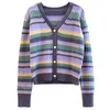 H.SA femmes Cardigans col en V bouton Up arc-en-ciel mince tricots décontractés coloré rayé printemps Vintage tricot hauts pull 210417