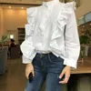 Nomikuma Korean Single Breasted Stand Neck Blouse Shirt Ruffle Patchwork Long Sleeve Blusas Femme Autumn Sweet Doll Shirt 6C150 210427