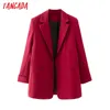 Kvinnor Solid Red Blazer Coat Vintage Notched Collar Pocket Fashion Female Casual Chic Toppar DA90 210416