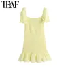 Women Chic Fashion Smocked Elastic Ruffled Mini Dress Vintage Puff Sleeve With Lining Female Dresses Vestidos 210507