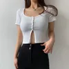 Cut Out Ribbed Y2K Crop Top Short Sleeve Women's T-Shirt Female Summer Button Up Party Casual White Tee Shirt Streetwear 210510