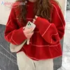 Aelegantmis O Neck Stipe Pullover Oversized Women Soft Warm Knitted Sweater Female Striped Jumper Red Spring Korean Outerwear 210607