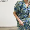 Summer Cotton Floral Dress Women Casual Puff Sleeve Loose V-neck Drawstring Knee-length CRRIFLZ 210520