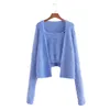 Women Casual Blue Hairy Camisole And Sweater Female Sweet Simplicity Long Sleeve Button Less Cardigan Chic Tops 210531