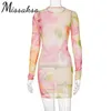 Missakso Floral Print See przez Siatka Sukienka Streetwear Club Y2K Wiosna Suma Seksowny Bodycon Długi Rękaw Mini Sukienki 210625