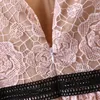 Yüksek Kaliteli Yaz Pembe Çiçek Seksi V Yaka Uzun Elbise Kadınlar Zarif Dantel Işlemeli Bel MIDI Lüks Parti Elbiseler 210514