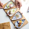 Ceramic Leaf Shape Appetizer Plates With Bamboo Tray Set of 4 Blue & White Japanese Seasoning Bowls Snacks Nuts Serving Platter Sushi Dishes