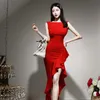 불규칙한 붉은 섹시한 드레스 한국 숙녀 여름 민소매 크루 목 Cabaret Maxi 파티 드레스 여성을위한 210602