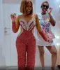 Sexy Red 2021 Sequined Jumpsuit Prom Dresses Aso Ebi Arabic Sheer Neck African Beaded Evening Gowns Plus Size Reception Second Dress