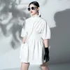 Lace Stand Collor White Dress Women's Summer Folds Waist Short Sleeve Mini Dresses Female Tide 5C953 210427