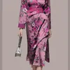 Jesień Vintage Elegancka Anglia Styl Purpurowy Kwiat Midi Sukienka Kobiety Lady Biuro Pracę Suknie Lapel Neck Casual Z Pasem 210506