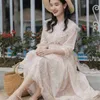 Yosimi Summer Vintage Beige Chiffon och Mesh Long Women Dress Half Sleeve Mid-Calf Fairy Evening Party 210604