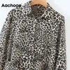 Moda Kobiety Leopard Drukuj Koszula Wyłącz Kołnierz Biuro Sashes Kobiet Z Długim Rękawem Vintage Midi Dress 210413