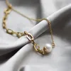 Gliederkette, 7–8 mm Süßwasserperle, runde Perle, verstellbar, wasserdicht, Armband für Damen, Titanstahl plattiert, 18 Karat Gold, Armbänder, Schmuck
