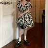 Ezgaga vintage floral borboleta impressa vestido mulheres shuff sleeve v-pescoço verão solto coreano moda alta cintura Vestido 210430