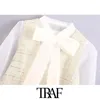 TRAF Moda donna con nappa patchwork organza tweed camicette vintage papillon colletto sfilacciato camicie femminili chic top 210415