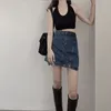 Mulher saia curta sexy saias jeans fêmea botão irregular bainha mini saia forma streetwear cintura alta saia 2021 tendência x0428