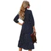 Vintage Polka Dot Maxi Dress Women Casual Three Quarter V-neck Party Elegant Ladies A-Line Ruffle Dresses