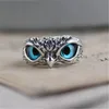 Retro Blue Eye Owl Adjustable Silver Rings With Side Stones Cute Men and Women Simple Design Animal Ring jewelry wholesale