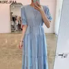 Korejpaa Kobiety Sukienka Korea Chic Lato Delikatne Niebieska O-Neck Lace-Up Waist Fold Warstwa Bubble Rękaw Długie Vestido 210526