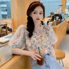 Llzacoosh Fashion Printing Mesh Patchwork Women's Beading Shirts Blouse O Neck Puff Sleeve Sommar kvinnlig kläder 210514