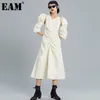 [EAM] Women Apricot Pleated Bandage Long Dress Round Neck Long Sleeve Loose Fit Fashion Spring Autumn 1DD7789 210512