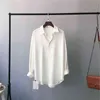 Bahar Kore Versiyonu OL Stil Polo Yaka Katı Hırka Bayanlar Vintage Gevşek Beyaz Uzun Kollu Kadın Gömlek Tops 8448 50 210508