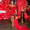 Seksi Kırmızı Parlak Mini Balo Kutlama Giydir Omuz Pullu Kokteyl Homecoming Akşam Parti Elbiseler