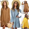 Femmes Automne Polka Dot Mini Robe Casual Manches Longues Col Rond Lâche Volants Vague Point Boho Plage Mince Robes Courtes 210507