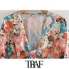 Traf Women Chic Fashion z kokardą związaną kwiatową sukienkę midi vintage v szyja sange sukienki kobiecze mejr 210415
