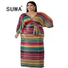Autumn Plus Size XL-6XL Women Rainbow Striped Print V-neck Batwing Long Sleeve Bodycon Maxi Dress Vestidos Elegant 210525