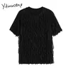 Yitimuceng Dentelle T-shirts Femme Casual Droite Manches Courtes T-shirts Unicolore Blanc Noir Tops D'été Mode Coréenne T-shirts 210601