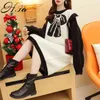 Femmes Long Pull Robe Bow Tie Style Lâche Style Genou Longueur Tricot Robes Noir Blanc Hiver Volants Pull Jumper 210430