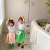 1-6Y 꽃 인쇄 귀여운 아기 소녀 치마 자수 턱받이 아이들과 패션 느슨한 스커트 녹색 미학 소프트 스커트 210413