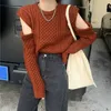 Ezgaga Twist Sweater Kvinnor Höst Vinter Ny Lös Japansk stil Av Skulder Solid Ladies Crop Tops Outwear Fashion 210430