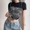 Drukowane łatane fałszywe 2 sztuka Kawaii Y2K T-shirt z krótkim rękawem Kobiet Letni Stretch Crop Top Black Koszula Tee Streetwear 210415