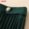 Femmes bouton de jupe midi plissée verte décorer le côté zipper office dames élégant chic de veau moyen QB206 210416